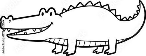 Cartoon crocodile line drawing with smiling face, friendly animal illustration, cute reptile design, children’s storybook art, playful black outline vector