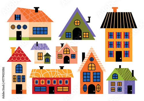 Various colorful small and tiny houses of different shapes, sizes and angles in cartoon comic style. Creative hand drawn vector retro illustration houses, buildings, windows, doors, roofs, chimneys.