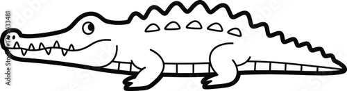 Cartoon crocodile side profile drawing, black and white reptile sketch, children coloring page, cute animal artwork, cad drawing flat vector illustration