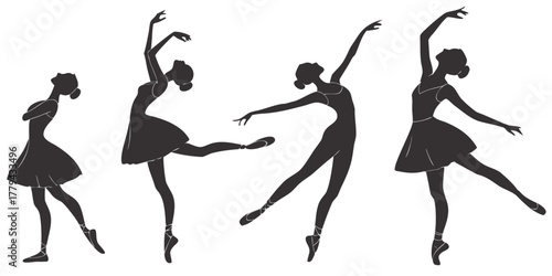 Four black silhouettes of female ballet dancers in various poses