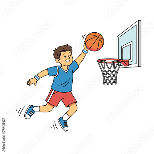 Young boy in blue shirt red shorts jumping to score basketball in a hoop with net and backboard on black background vector illustration