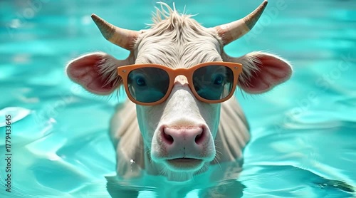 Humorous close-up of a cow wearing orange sunglasses swimming in bright blue water representing fun vacation and summer relaxation