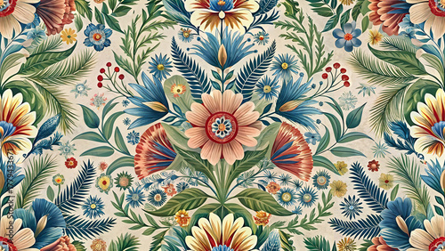 Bavarian folk flowers pattern, European Western botanical ornament, seamless alpine floral vector on cream background, traditional decorative motif for wallpaper fabric wrapping and surface design
