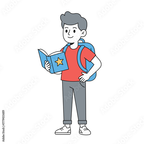 Young Boy Standing Holding Open Book With Star Design Ready for School Carrying Backpack