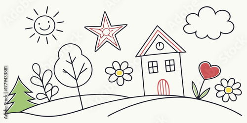 Kids drawing of a house sun trees and flowers vector