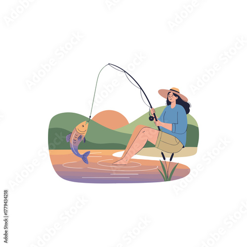 Young Person Sitting on a Chair by a Lake at Sunset Casting a Fishing Rod and Catching a Fish wearing a Straw Hat and Vest with Mountains in the Background