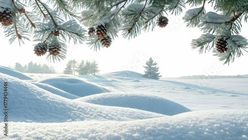 Snowy winter landscape with frost-covered pine branches and cones hangs above rolling hills and distant trees, isolated on a clean transparent background.