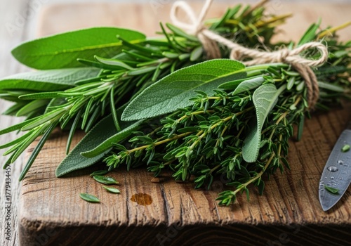 Fresh bundle of rosemary, sage, and thyme herbs tied with twine on a wooden board