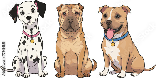 Cartoon Dalmatian, Shar Pei, Staffordshire Bull Terrier, cute pet dogs, sitting together, flat vector illustration, isolated white background, CAD drawing