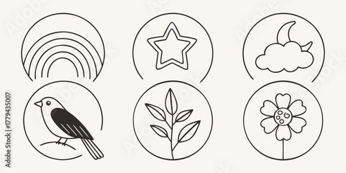 Six minimalist hand drawn nursery icons on beige background