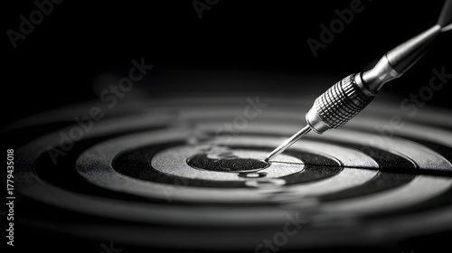 Sharp metallic projectile firmly strikes the bullseye center of a concentric ring board in dramatic low key lighting