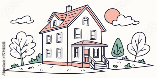 Simple house with trees and sun illustration home building