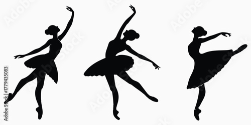 Three black ballet dancers in graceful poses silhouette