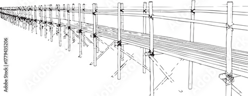 Long Bamboo Scaffolding Framework Line Art Illustration