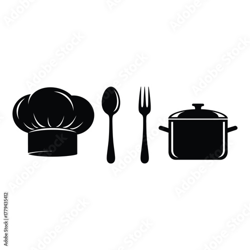 Cooking utensils and chef hat silhouettes isolated on transparent background, Vector