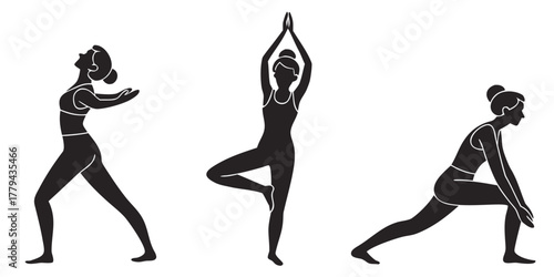 Three female yoga poses black silhouette fitness exercise