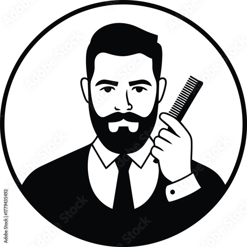 Bearded man holding a comb illustration for barbershop and beauty salon