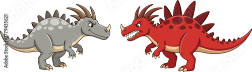 Cartoon dinosaurs facing, vector illustration, prehistoric animal artwork, dinosaur confrontation