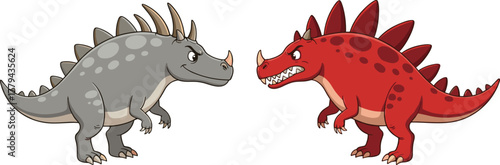 Cartoon dinosaurs fighting, vector illustration, prehistoric animal artwork, dinosaur confrontation