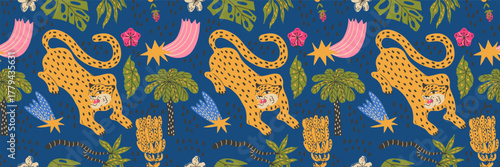 Seamless tropical pattern with jungle leopard animals and funky palm leaves.