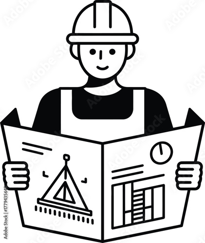Construction worker reviewing blueprint architectural plan engineering drawings outline style design