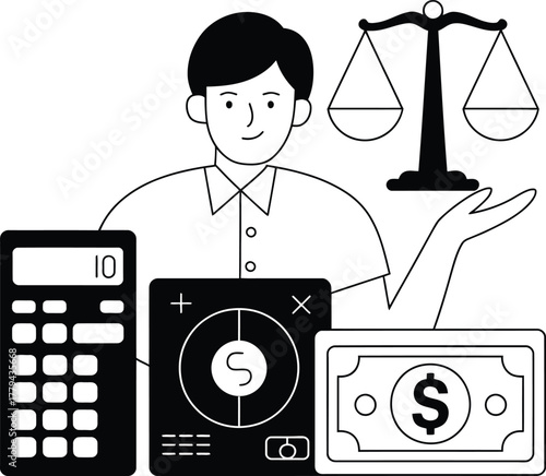 Financial advisor explaining balance and financial management with money and calculator