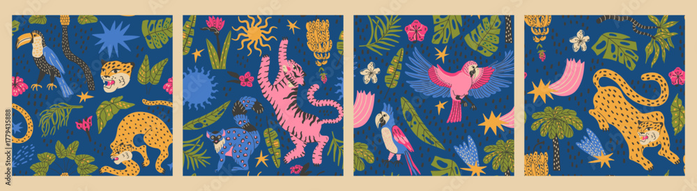 Fototapeta premium Set seamless jungle design with tropical animals and funky palm pattern.