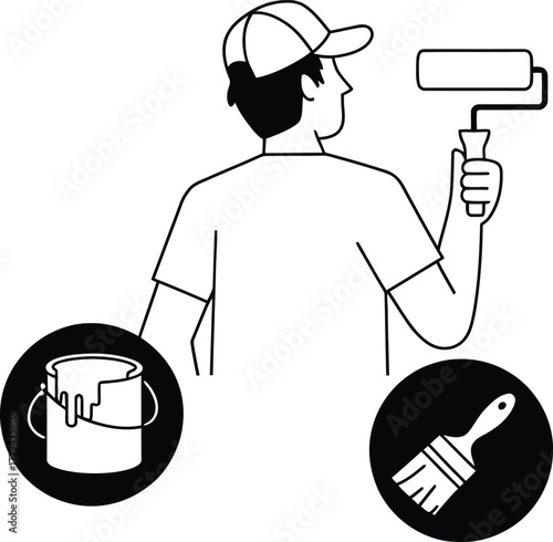 Illustration of house painter with tools ready for renovation work project