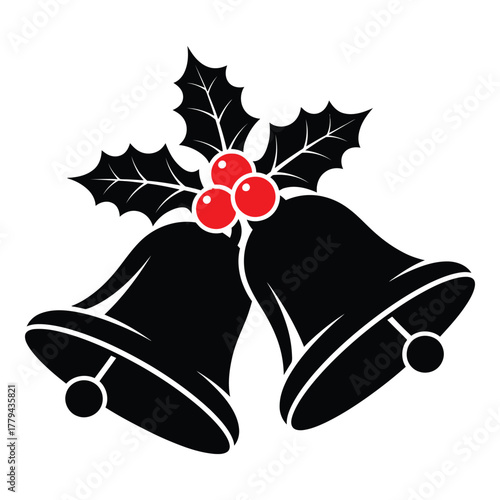 Christmas bells and holly silhouette isolated on transparent background, Vector