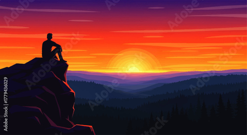 Silhouette of a person sitting on a rock watching a sunset over mountains.