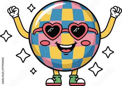 Cartoon disco ball character with sunglasses, colorful vector illustration, flat design, funny anthropomorphic party decoration drawing for celebration and dance concept