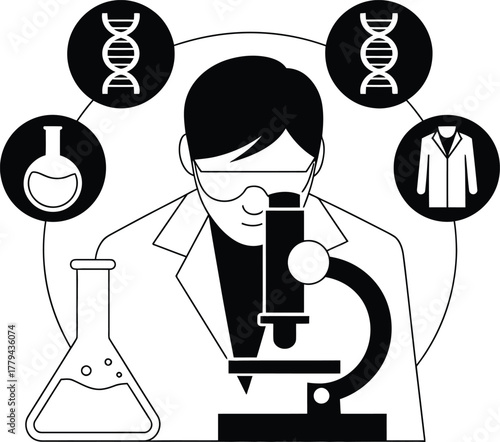 Scientist working with microscope in a laboratory science exploration concept