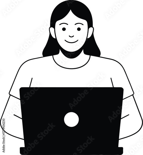 Woman Working on Laptop Computer Home Office Study Communication Technology