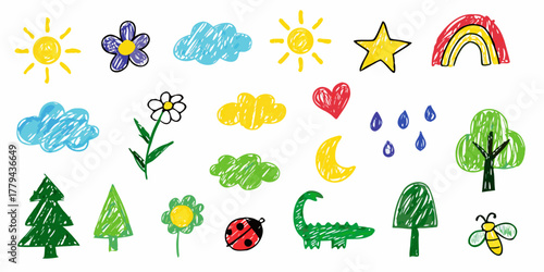 Collection of hand drawn childlike illustrations of nature elements and animals on white background