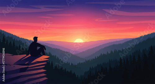 Silhouette of a person sitting on a cliff overlooking a valley at sunset.