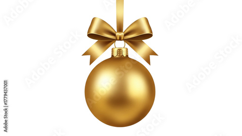 Realistic Golden Christmas Ball Ornament Vector with Satin Bow and Ribbon for Holiday Decoration