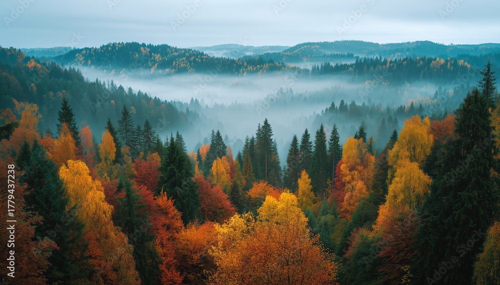 Fototapeta premium Captivating Aerial View Of Vibrant Red, Orange, And Yellow Trees In A Mixed Coniferous Forest On A Foggy Morning In Gauja National Park, Sigulda, Latvia