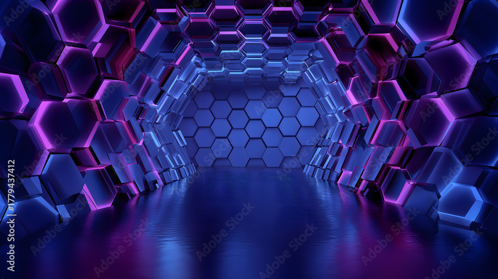 Fototapeta premium Purple, Pink, and White Glowing Honeycomb Tunnel Design – Futuristic Black Friday and Cyber Monday Concept