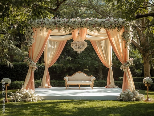 Stunning outdoor wedding altar with chandelier and elegant white flowers creates a romantic and memorable scene for a special celebration under a lush green canopy