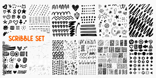Collection of hand drawn black and white scribbles doodles and graphic elements for design