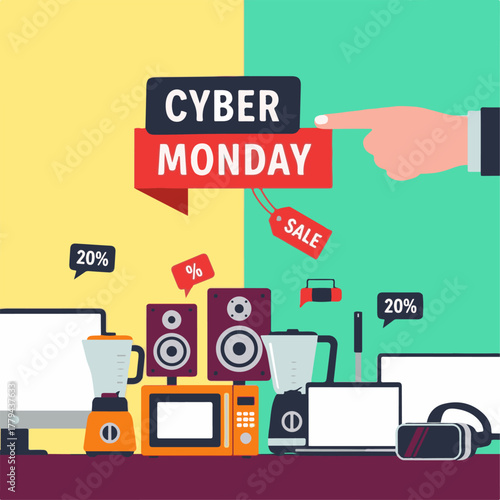 Cyber Monday sale with electronics and kitchen appliances on a split background discount promotion