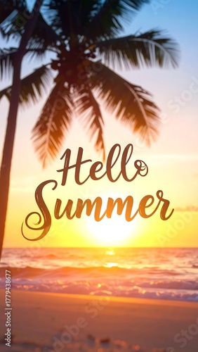 Beach sunset with palm tree silhouette, 