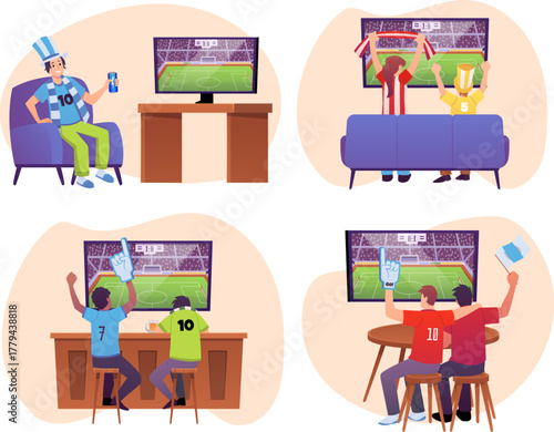 Soccer fans watching TV, sport match in cafe or at home, football sports fans characters cheering vector set