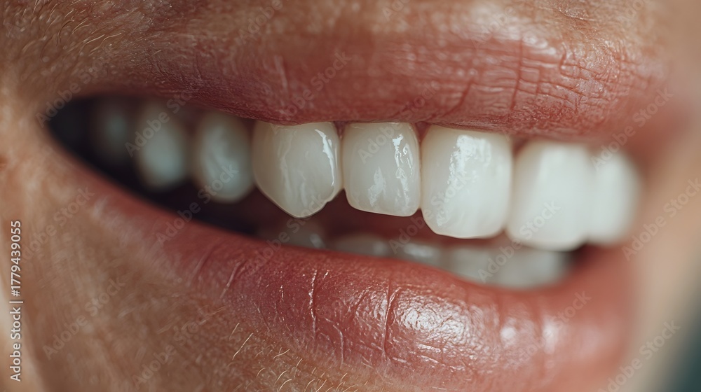 Obraz premium Detailed close up of a genuine human smile highlighting clean bright white teeth and healthy pink gums