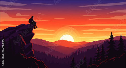 Silhouette of a person sitting on a cliff watching a sunset over mountains.