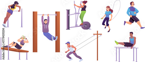 Cartoon man and woman doing sport exercises, training strength with sport equipment, street or gym workout vector set