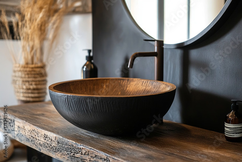 Rustic bathroom has vanity with stone sink. Natural interior design brings wood countertop emphasizing unique style and earthy tones. Elements natural.