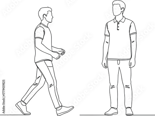 Male fashion figure template walking and standing pose wearing polo shirt and pants, vector clothing sketch outline for apparel design
