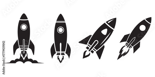 rocket launch icon set vector silhouettes illustration. Rocket Launch Sequence Vector Set – Stages of Spacecraft Liftoff with Smoke, Fire, and Launchpad Icons for Space Exploration.