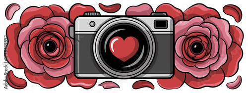 Camera lens with heart aperture surrounded by red rose petals  